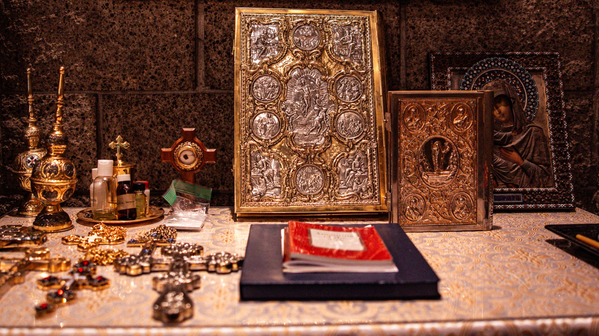 Orthodox sacred books and icons at St. Luke