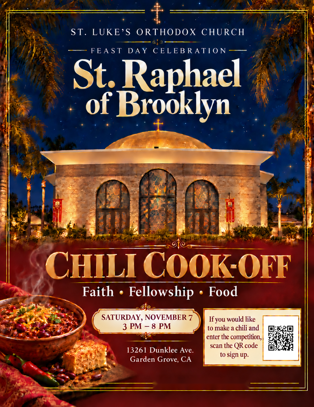 St. Raphael Feast Day Celebration and Chili Cook-off, Saturday November 7, 3–8 PM